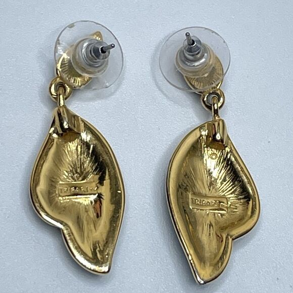 Vintage Trifari Gold Tone Black Enamel Dangle Earrings Statement Elegant Classic - Picture 3 of 7